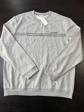 Calvin Klein Gray Crewneck Sweater with Navy Stripe